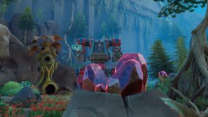 Lightyear Frontier red crystal dust: Lightyear Frontier player in mech standing near red crystals