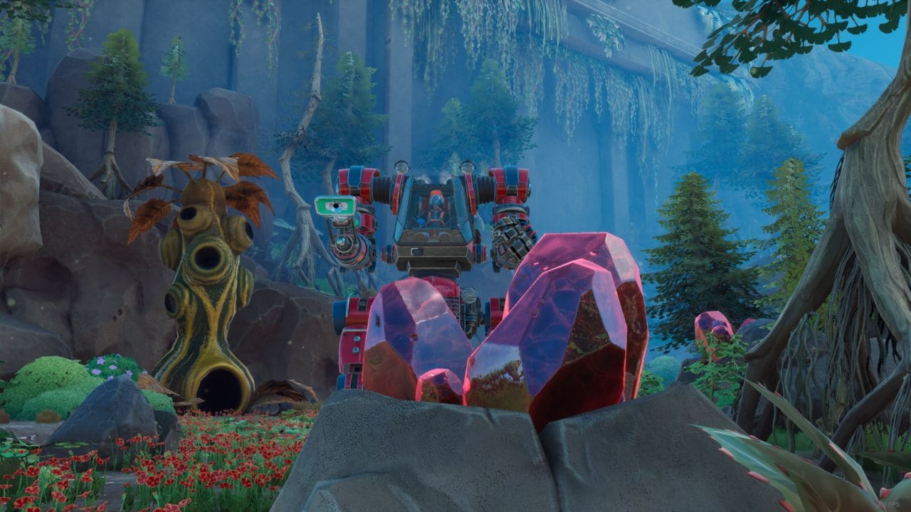 Lightyear Frontier red crystal dust: Lightyear Frontier player in mech standing near red crystals