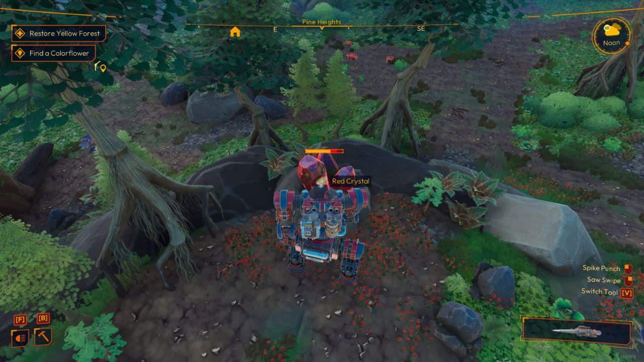 Lightyear Frontier red crystal dust: Player in mech suit collecting red crystals