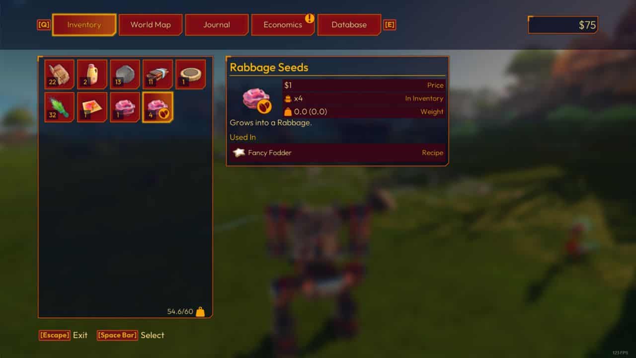 A screenshot from Lightyear Frontier showcasing an inventory screen with an item selected, "robbage seeds," which are used for growing robbage and are part of a recipe for fancy fodder.