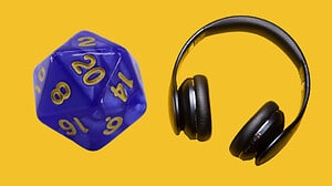 A blue dice and headphones on a yellow background, reflecting the virtual realms of LitRPG.