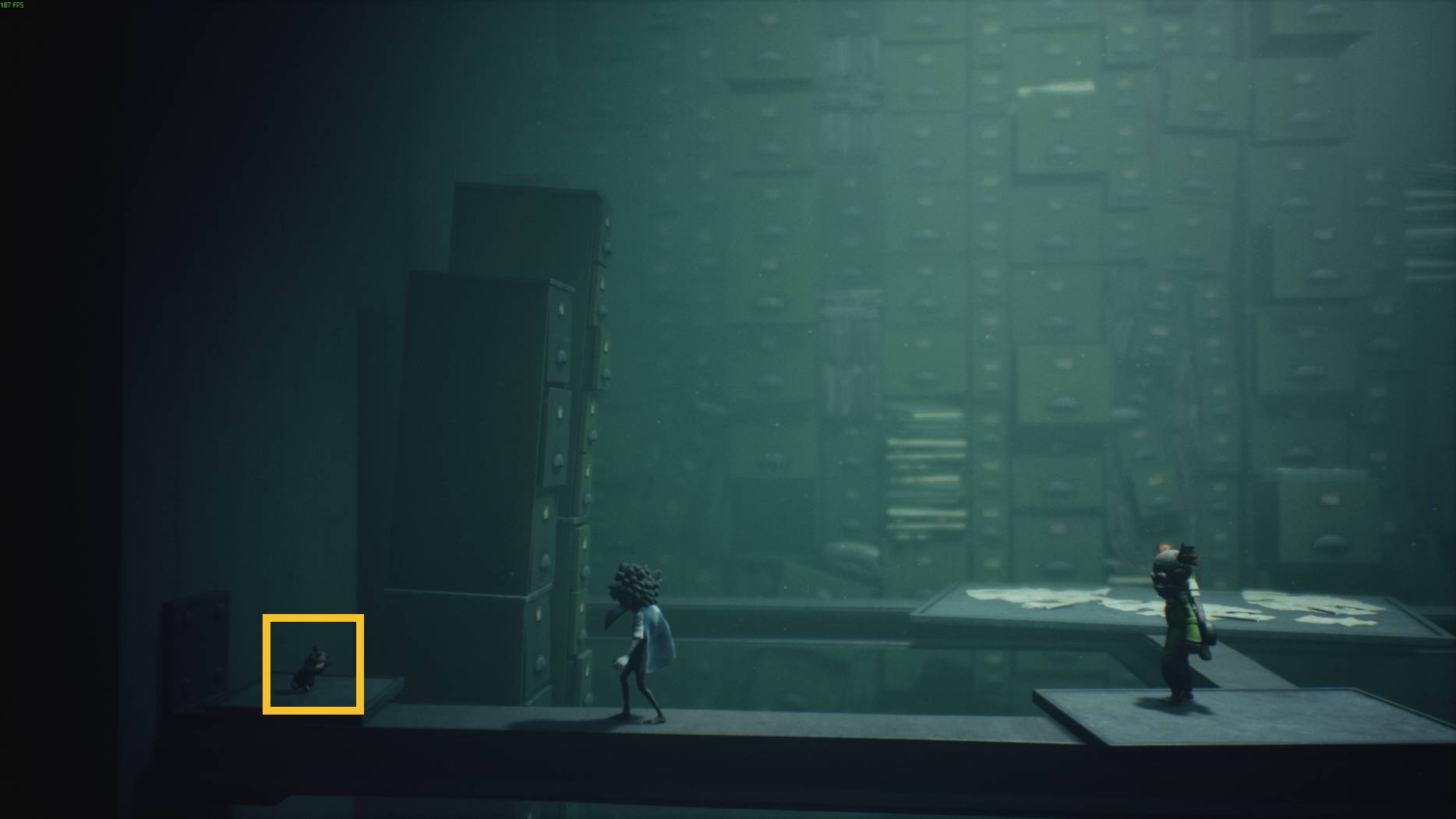 Small characters walk through a vast archive room in Little Nightmares 3, surrounded by endless towering file cabinets.