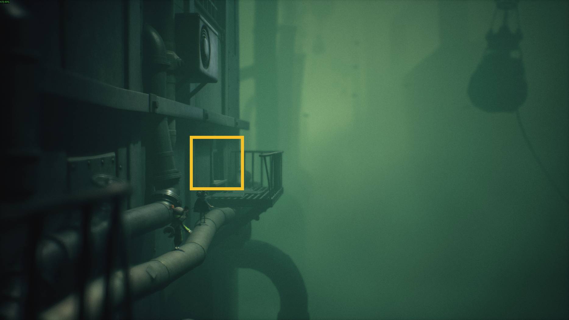 Small characters climb along pipes beside a balcony in Little Nightmares 3, surrounded by thick green fog and looming industrial walls