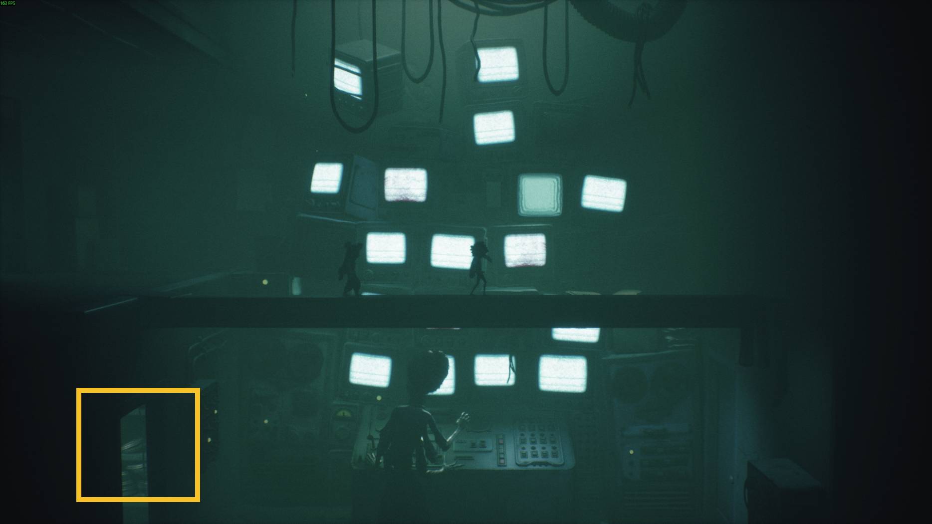 Two small characters walk across a platform in Little Nightmares 3, above a shadowy figure monitoring glowing TV screens in a dark control room.