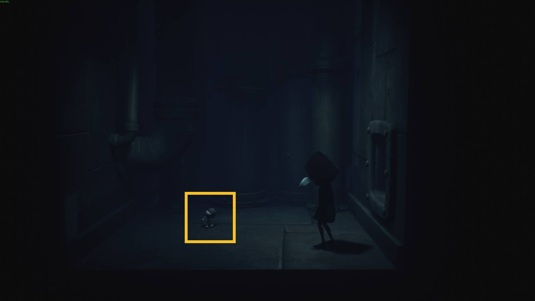 A small figure sits on the floor in a dark corridor, while a masked character from Little Nightmares 3 stands nearby