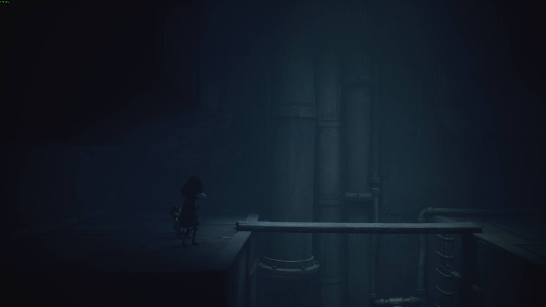 Two small characters in Little Nightmares 3 stand at the edge of a platform facing a crossing above towering pipes in a dimly lit room
