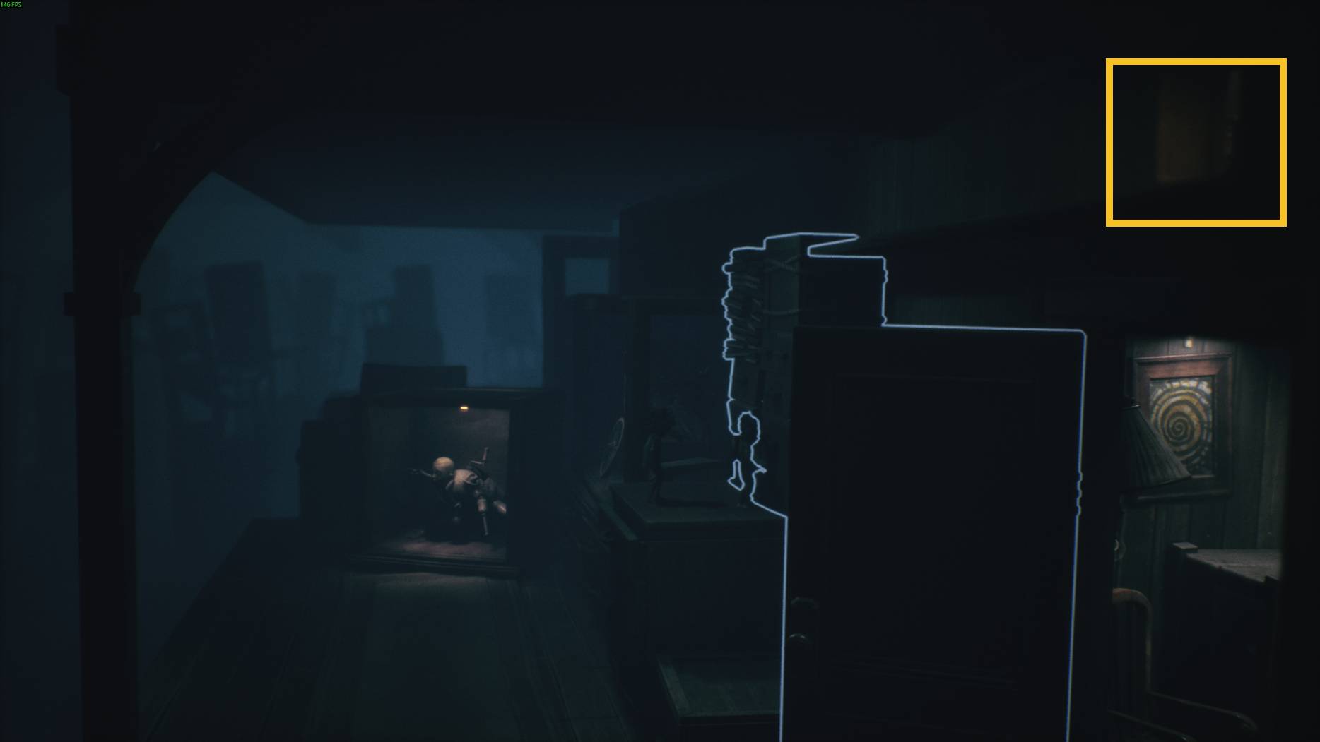 A faintly glowing window illuminates a dark storage room filled with scattered furniture in Little Nightmares 3.