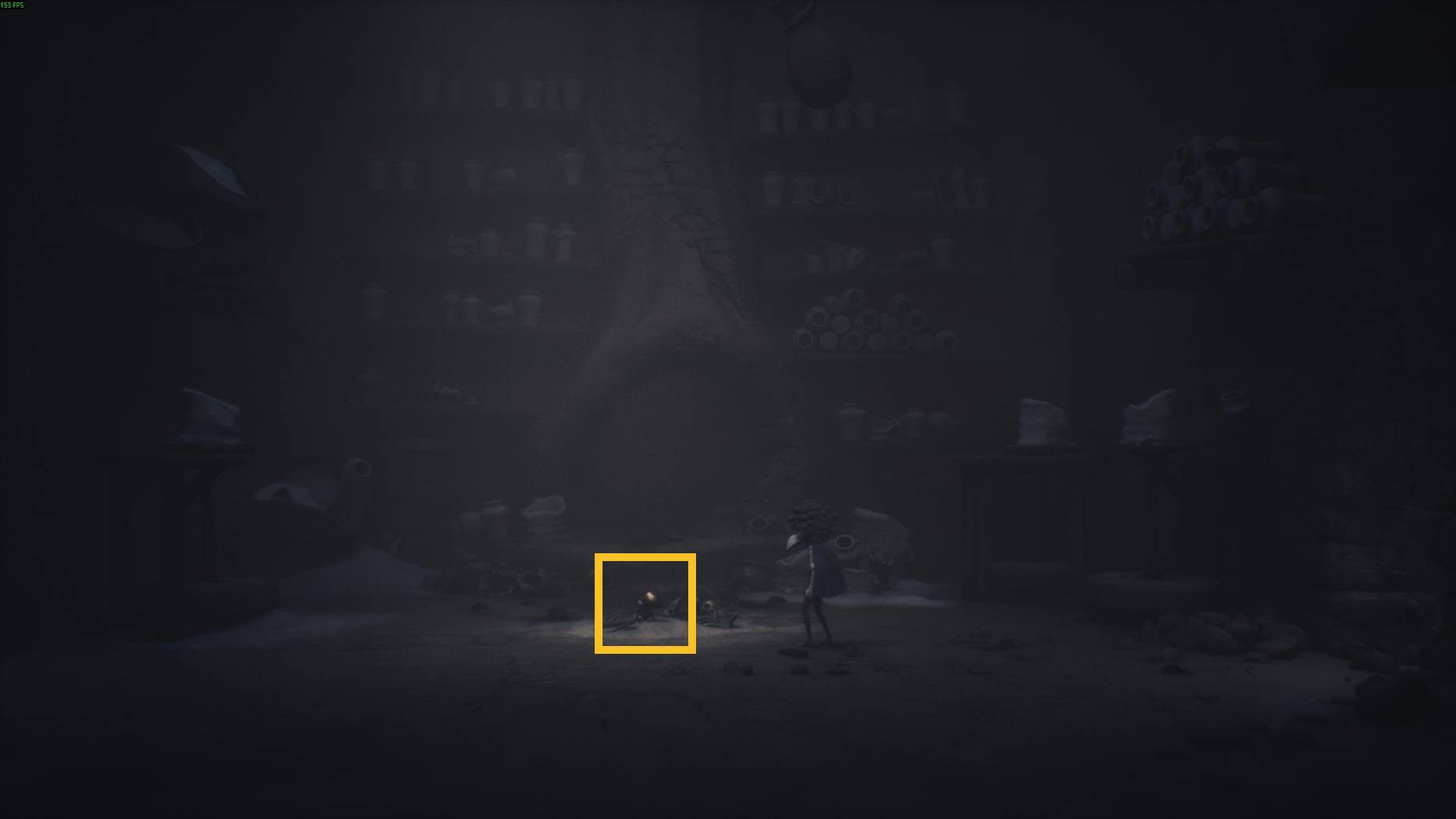 A small character explores a dusty pottery room in Little Nightmares 3, surrounded by broken vases and shelves of eerie clay jars