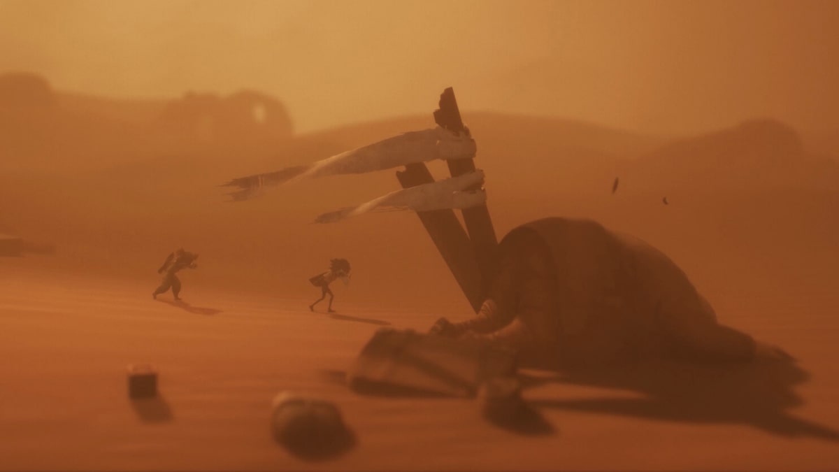 Two figures in a desolate, orange-tinted desert approach a large, mysterious structure resembling a dead body