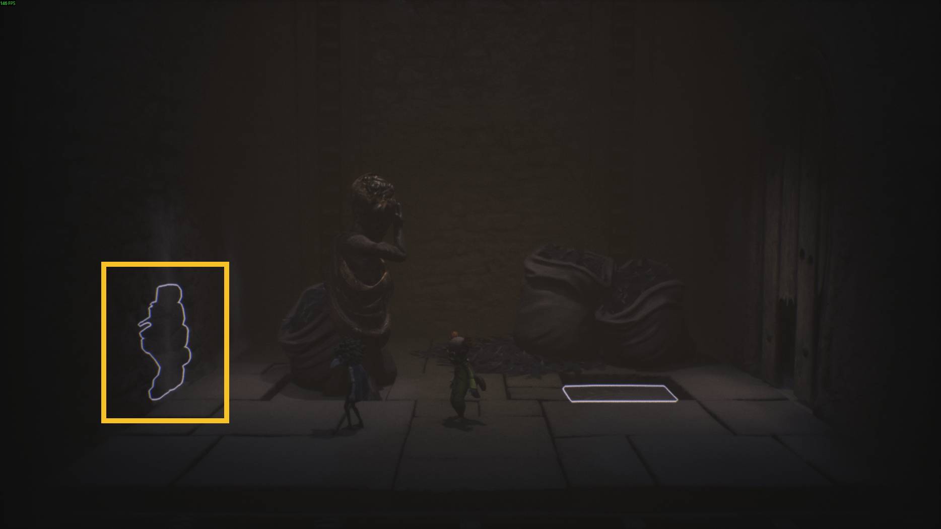Two small characters explore a dark chamber in Little Nightmares 3, passing a broken statue and mysterious glowing symbols on the wall.