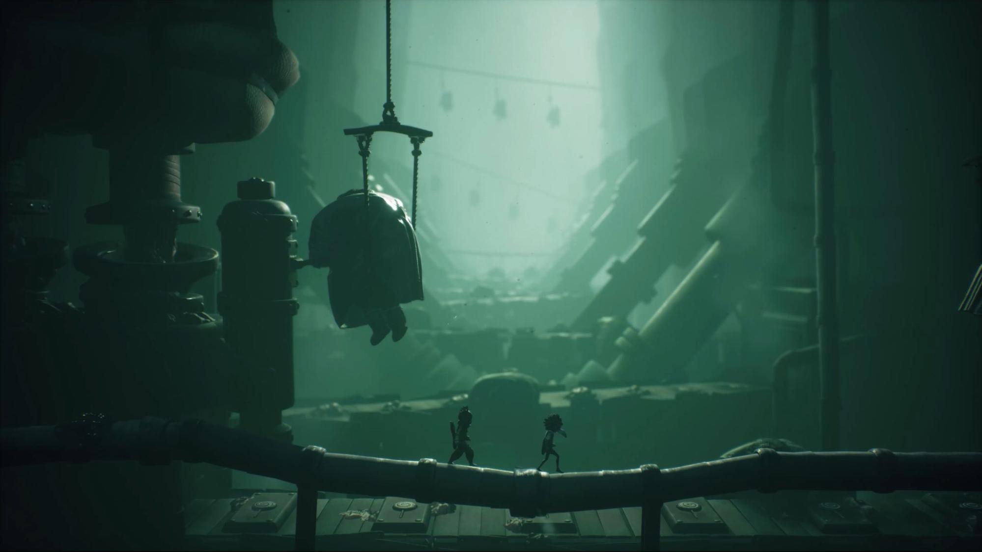 Little Nightmares III co-op horror gameplay featuring protagonists Low and Alone navigating eerie factory with hanging enemies.