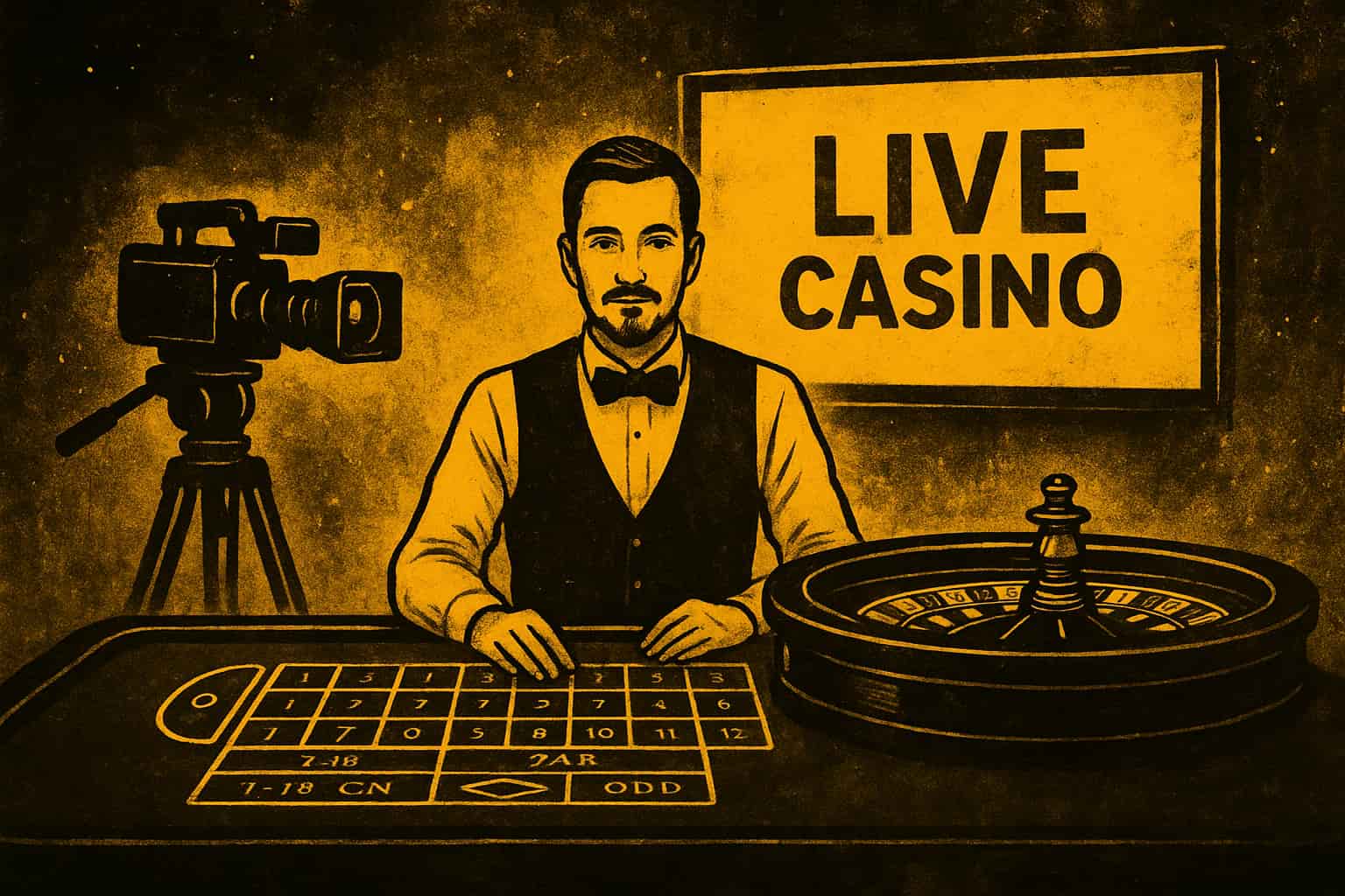 artist's depiction of live casino, video camera filming a coupier playing games for players online