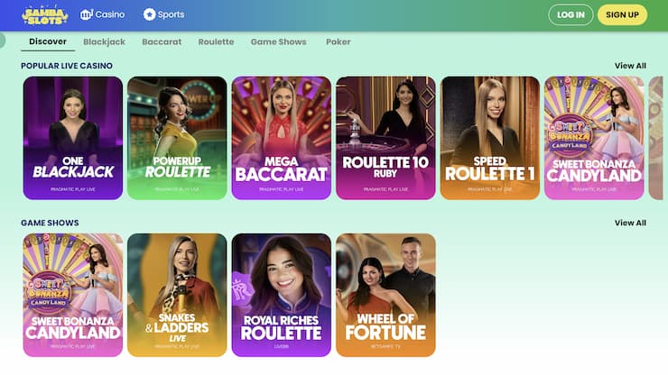 A snapshot of Samba Slots' live casino lobby.