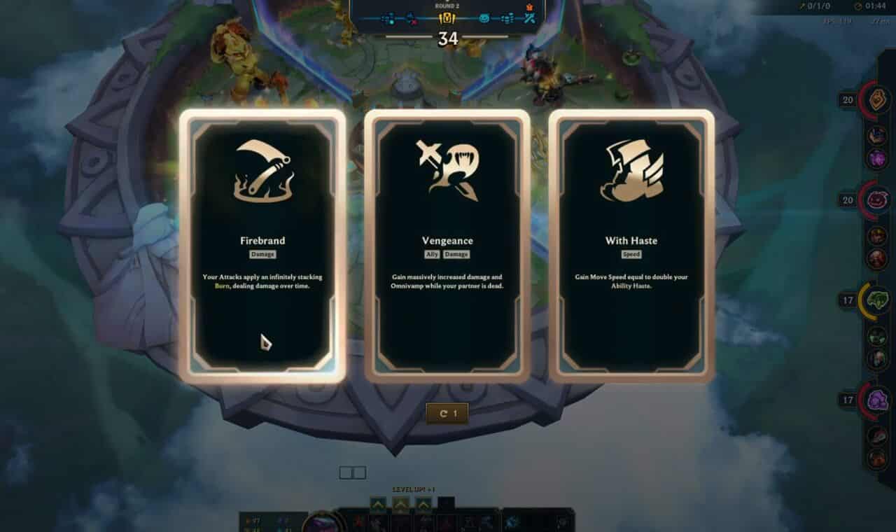 League of Legends Arena: Arena Augment selection screen.