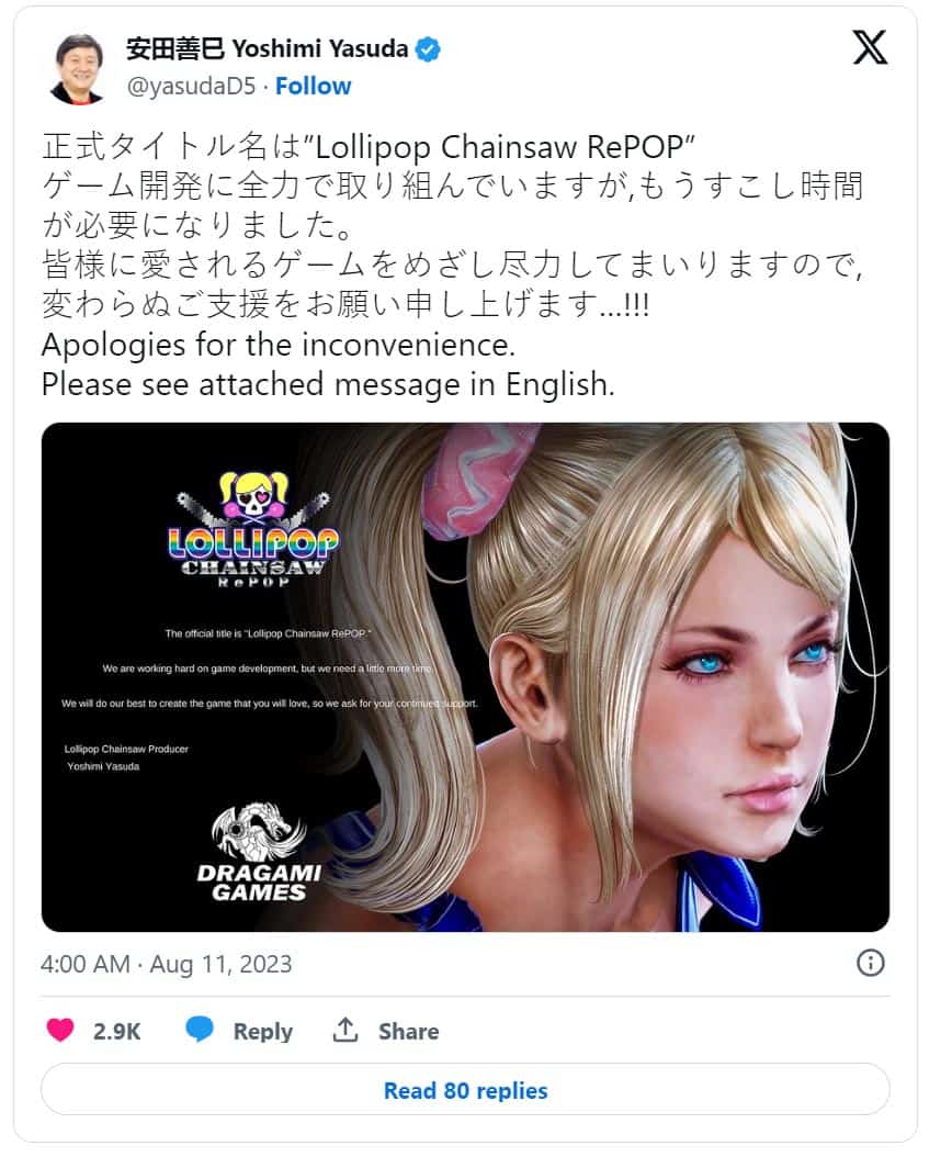 Lollipop Chainsaw RePOP's producer explains the delay to the game in a tweet..