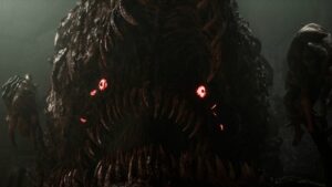 A demon with red eyes in a dark cave, seeking strategies to defeat the Congregator of Flesh.