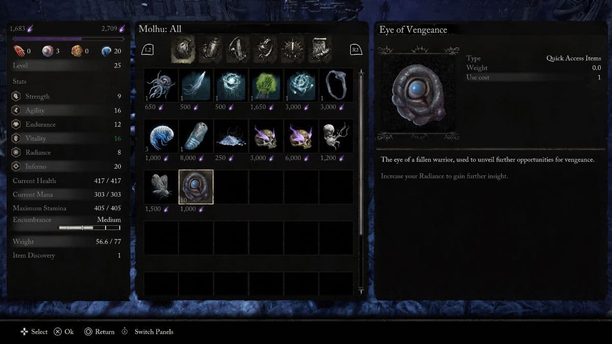 A screenshot of the item menu in Dark Souls, featuring instructions on obtaining the Eyes of Vengeance.
