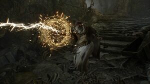 A man is holding a fireball, showcasing one of the best radiant catalysts in a cave.