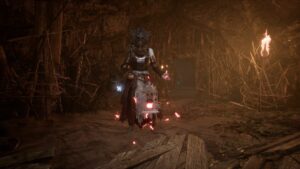A woman in a dark cave with a torch, seeking to farm large deralium shards.