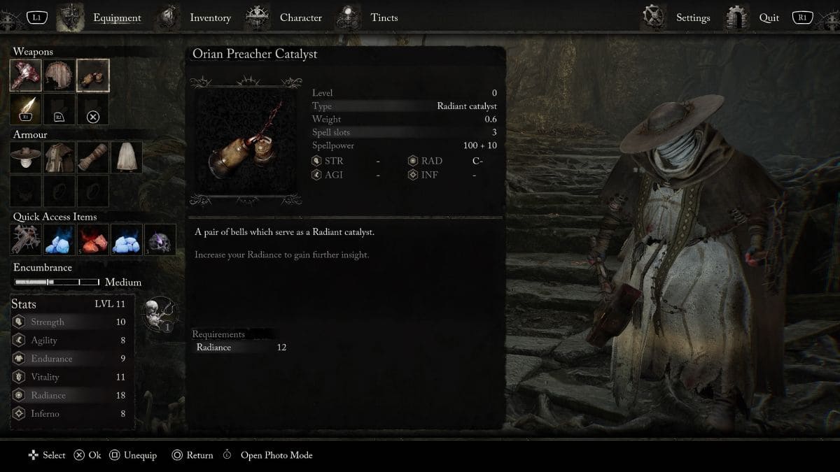 A screenshot of a dark souls character wielding the Best Radiant catalyst.