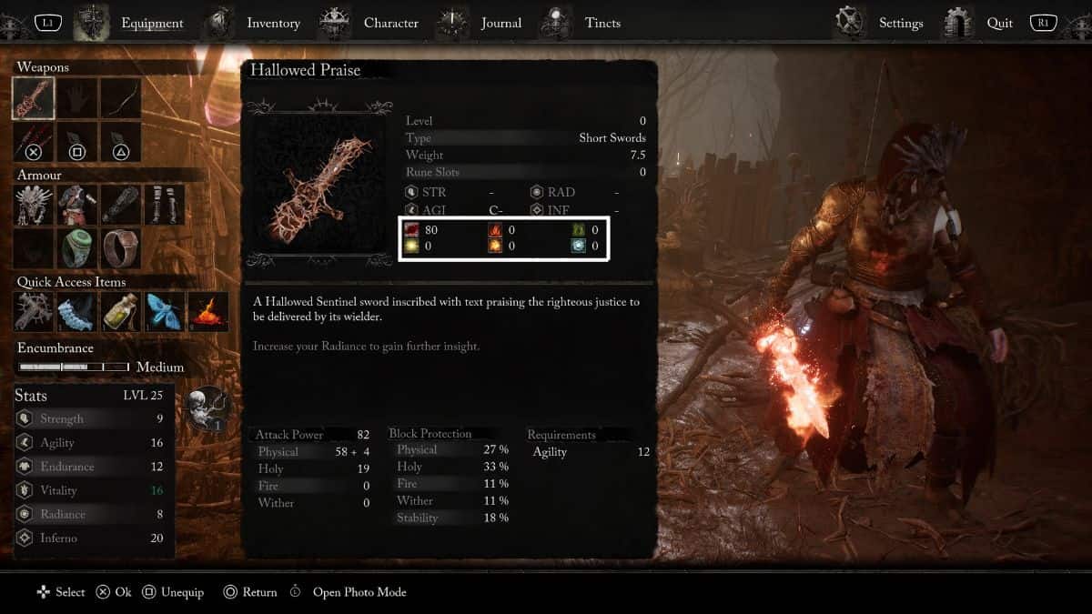 A screenshot of a dark souls character wielding a powerful sword, showcasing their mastery over all status effects.
