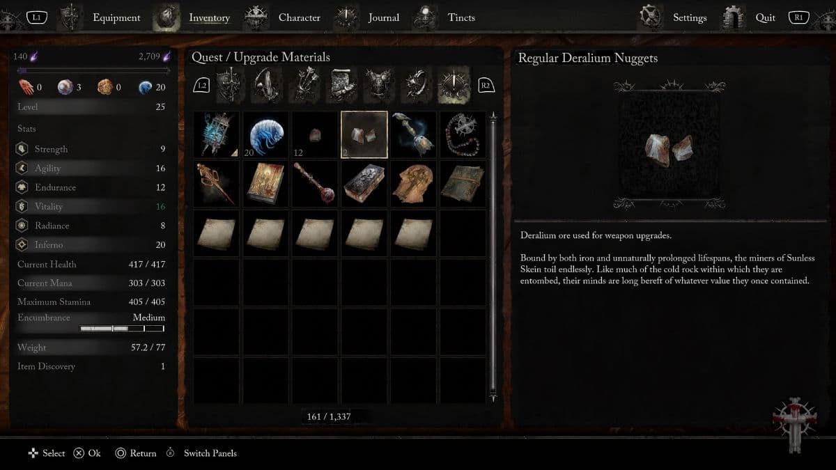 A screenshot of a dark souls item screen displaying the method to farm large deralium shards.