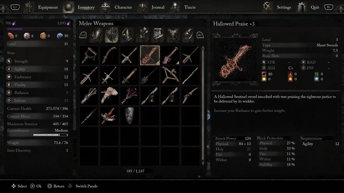 A screenshot of the best Dark Souls agility weapons screen.