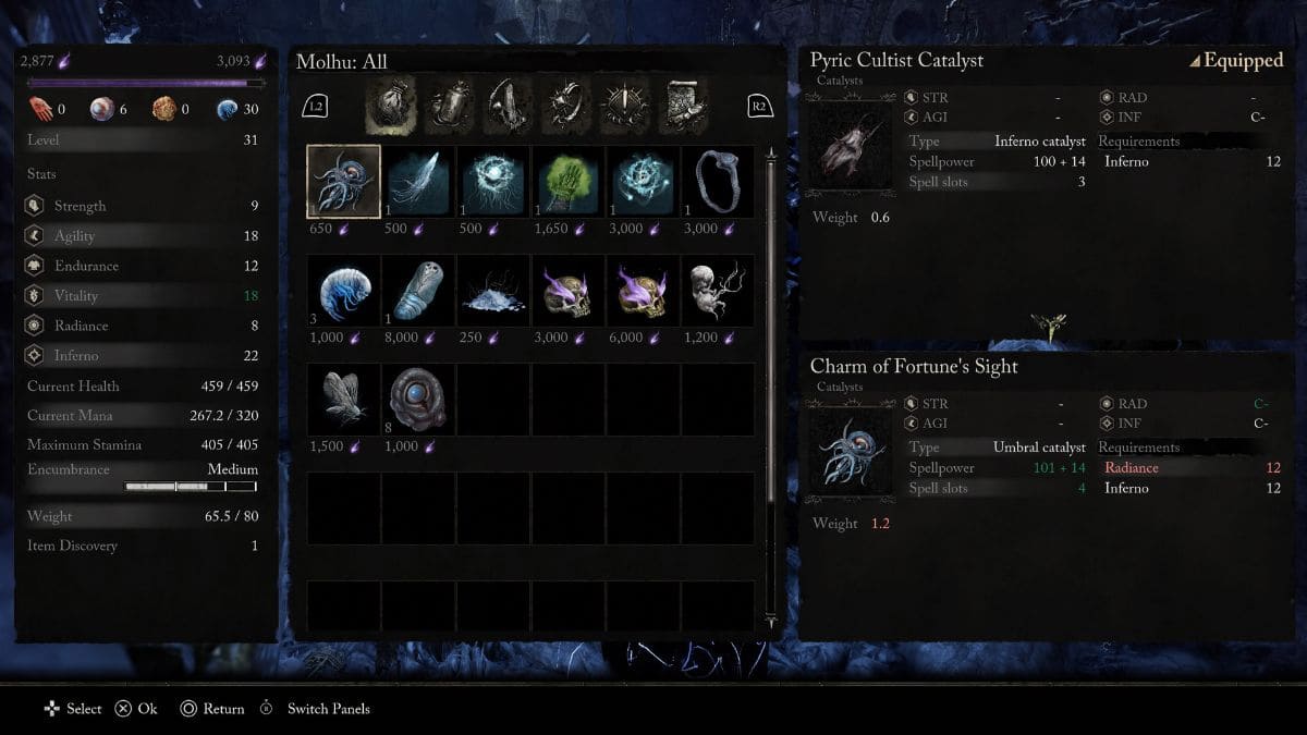 A screenshot showcasing the Best Umbral Catalysts in the dark souls game.