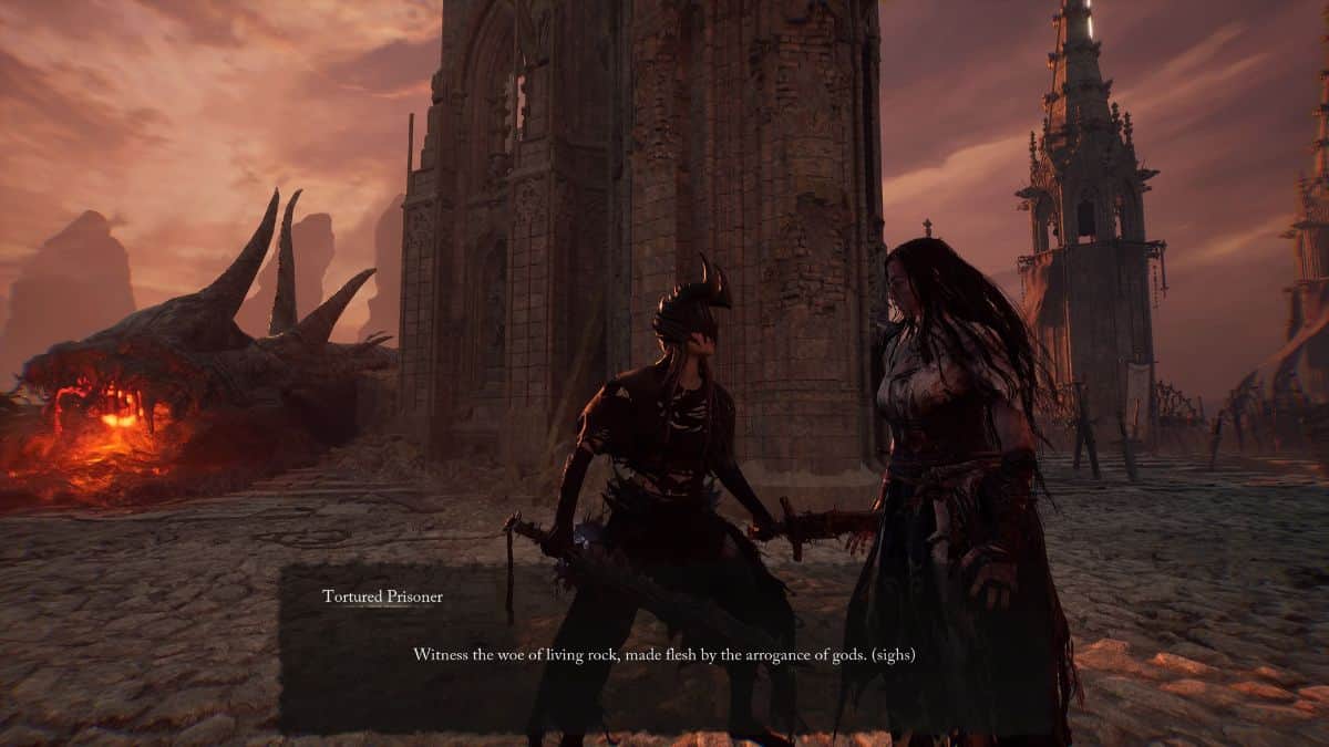 A screenshot of two people standing in front of a castle while discussing how to get the Elegant Perfume.