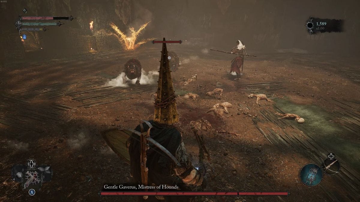 A screenshot of a video game featuring a group of people in a dark place as they strategize to defeat Gentle Gaverus, the Mistress of Hounds.