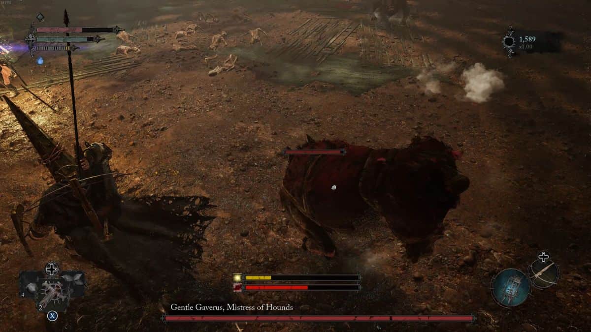 A screenshot of a dark souls video game featuring Gentle Gaverus Mistress of Hounds.