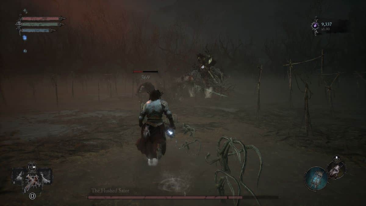 A screenshot of a video game featuring a man on a horse conquering the challenges posed by the hushed saint.
