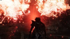 A screenshot of a character standing in front of a fire, revealing how to beat the Infernal Enchantress.