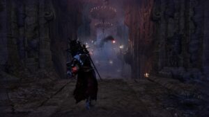 A character equipped with the best weapons is bravely walking through a dark tunnel in a video game.