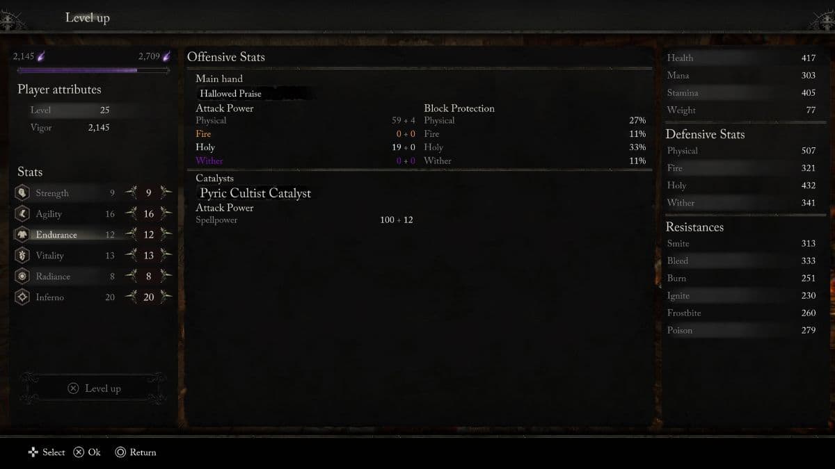 A screenshot of the Dark Souls menu showcasing soft caps for character attributes.