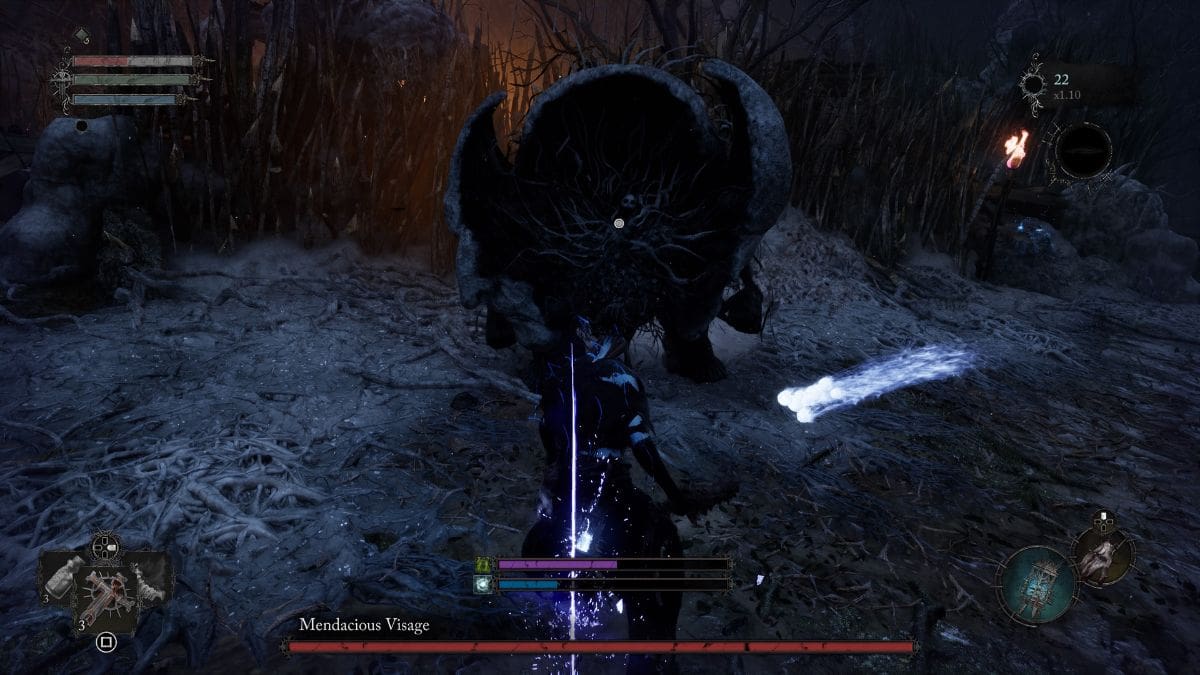 A screenshot of a video game with a demon in the background, showcasing strategies and tips on how to beat the Mendacious Visage.