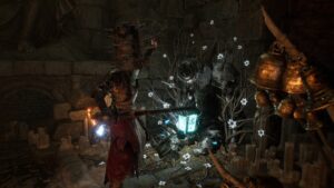 A screenshot of a character standing in a soft-lit room.