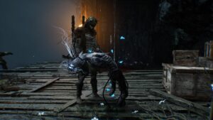 A Lords of the Fallen character standing on a wooden platform, resembling How long is lords of the fallen.