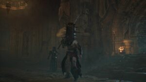 In the dimly lit room, a powerful woman grips a formidable sword, her eyes filled with resolve and determination.