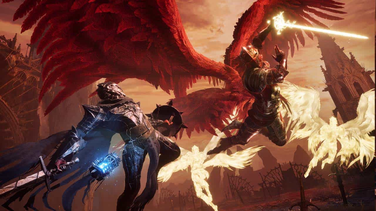 A man with a sword battles formidable enemies in Lords of the Fallen.