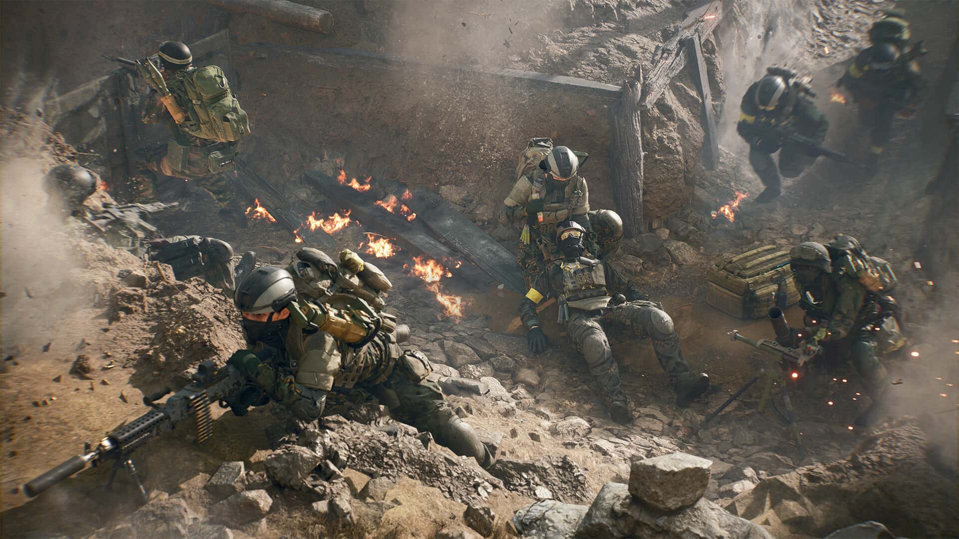 Soldiers in tactical gear engage in intense trench combat amid smoke and explosions in Battlefield 6