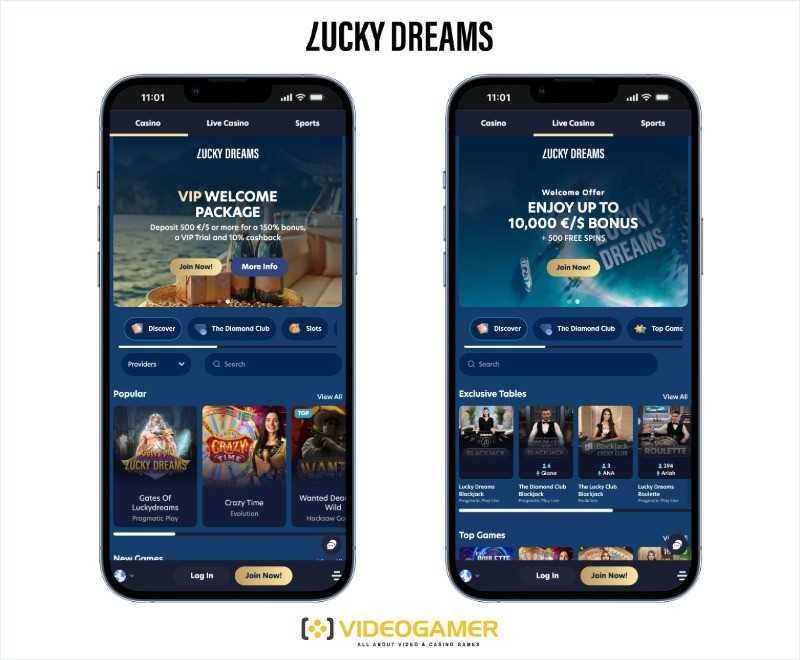 Two smartphone screens displaying the Lucky Dreams casino app interface, highlighting VIP welcome packages and up to €10,000 bonuses with free spins. The app showcases top games and exclusive tables, positioned as an option among UAE casinos for mobile gaming.