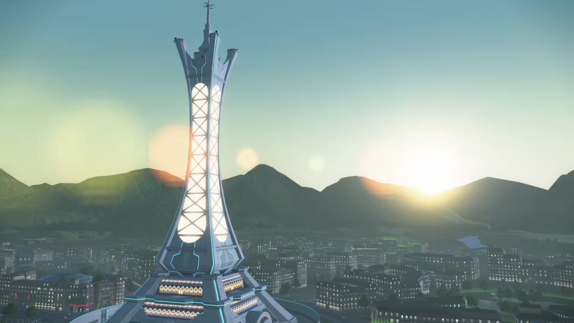 A futuristic tower in Lumiose City glows in the morning light, with the sun rising behind the mountains in Pokémon Legends Z-A.