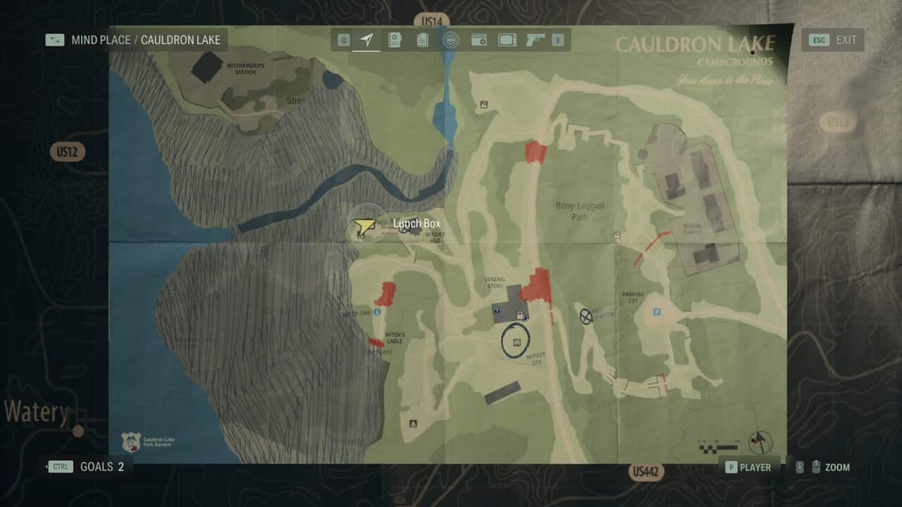 Alan Wake 2 Lunchbox locations: lunchbox locations on map in Cauldron Lake.