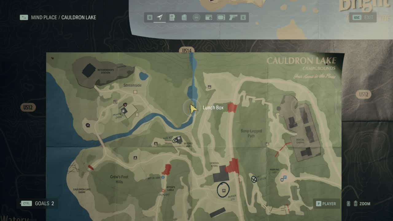 Alan Wake 2 Lunchbox locations: lunchbox locations on map in Cauldron Lake.