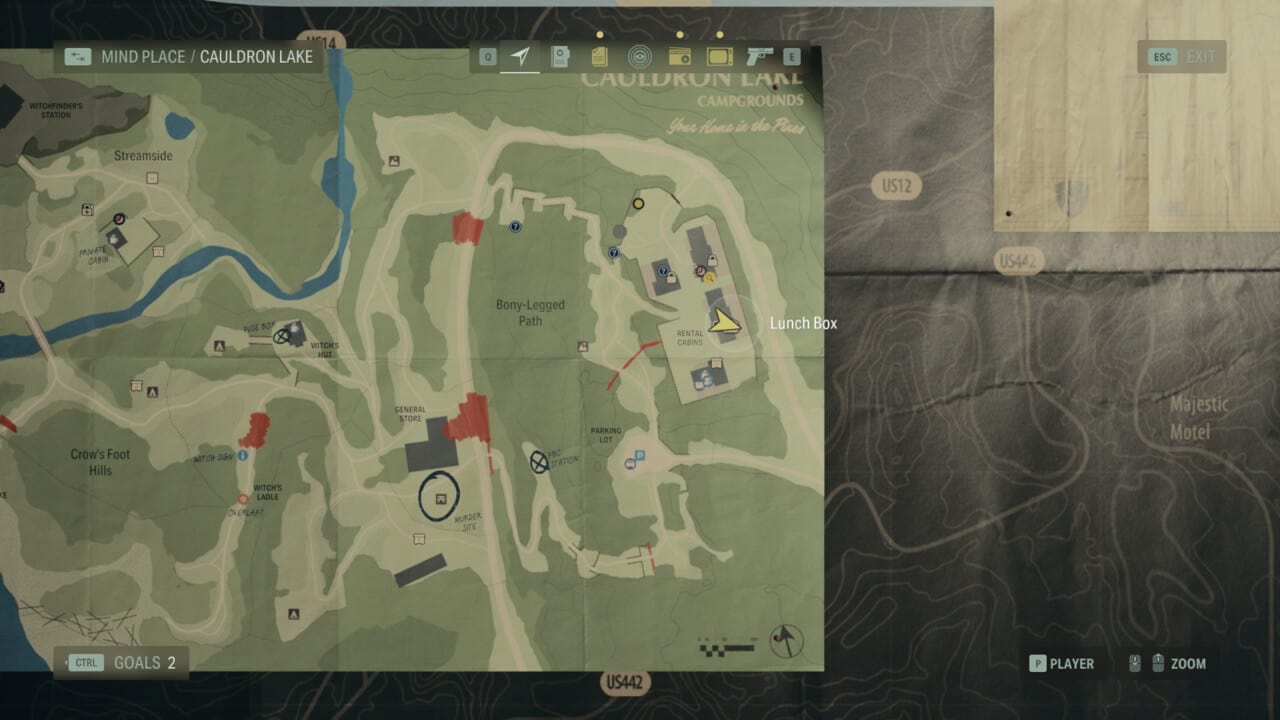 Alan Wake 2 Lunchbox locations: lunchbox locations on map in Cauldron Lake.