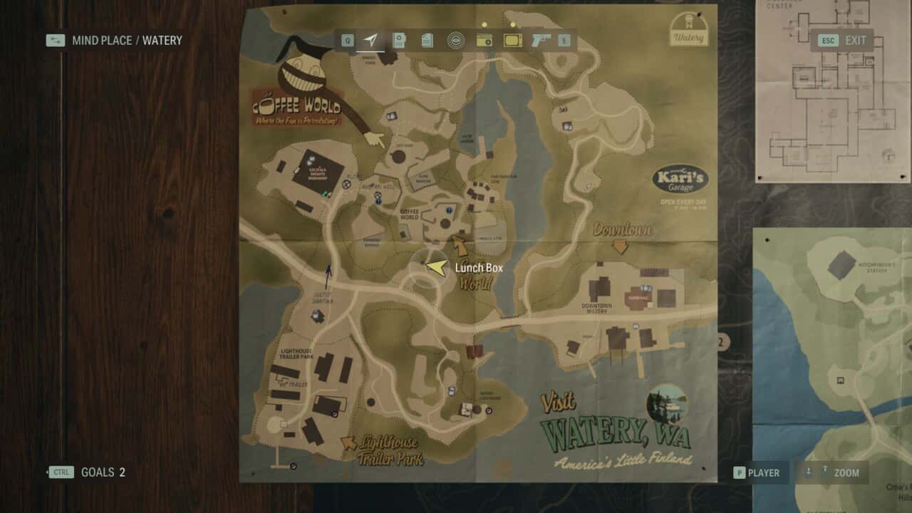 Alan Wake 2 Lunchbox locations: lunchbox locations on map in Watery.