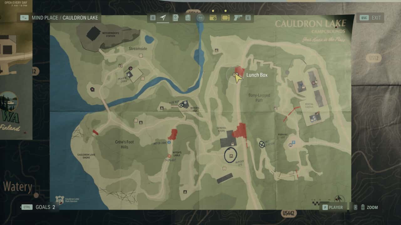 Alan Wake 2 Lunchbox locations: lunchbox locations on map in Cauldron Lake.