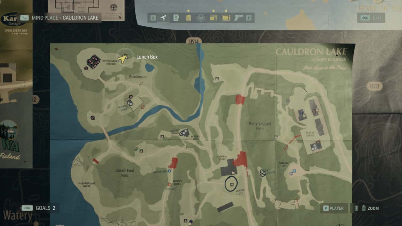 Alan Wake 2 Lunchbox locations: lunchbox locations on map in Cauldron Lake.