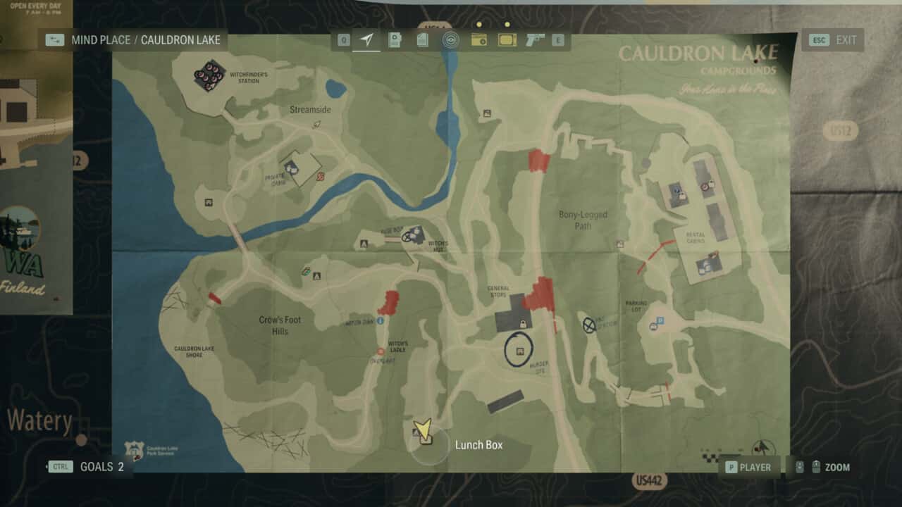 Alan Wake 2 Lunchbox locations: lunchbox locations on map in Cauldron Lake.